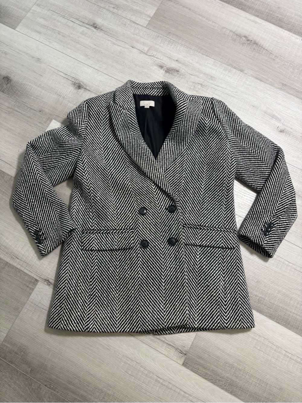 LOFT Herringbone Blazer Coat Black White Double Breasted Textured Size 6